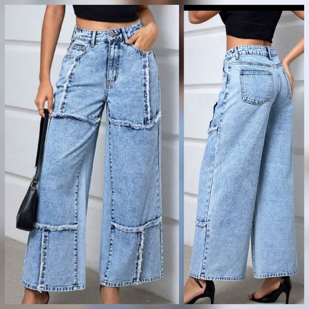 Patchwork Panelled Frayed Seam Wide Leg High Rise Jeans Size 31